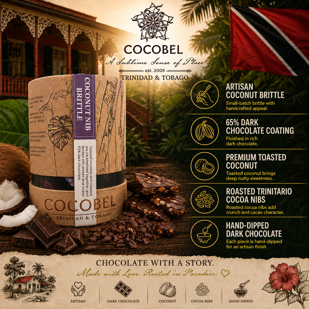 Coconut Nib Brittle | Dark Chocolate Coconut Brittle with Cocoa Nibs | Artisan Trinidad Confection