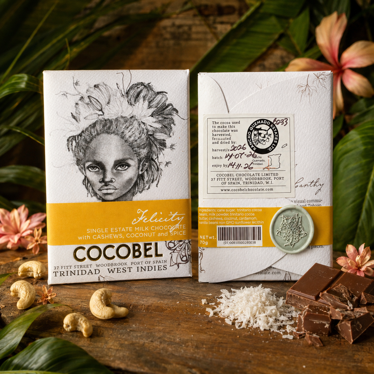 Felicity Spiced Milk Chocolate with Cashew, Coconut & Cardamom | Award-Winning Trinidad Chocolate