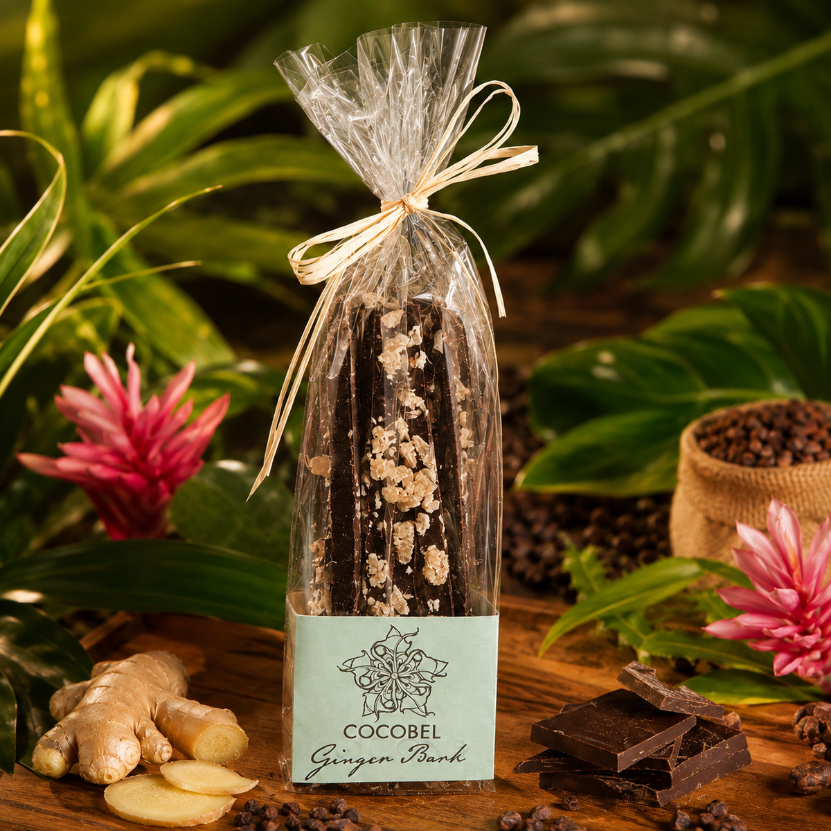 Ginger Chocolate Bark | 65% Dark Chocolate with Crystallised Ginger | Artisan Chocolate from Trinidad & Tobago