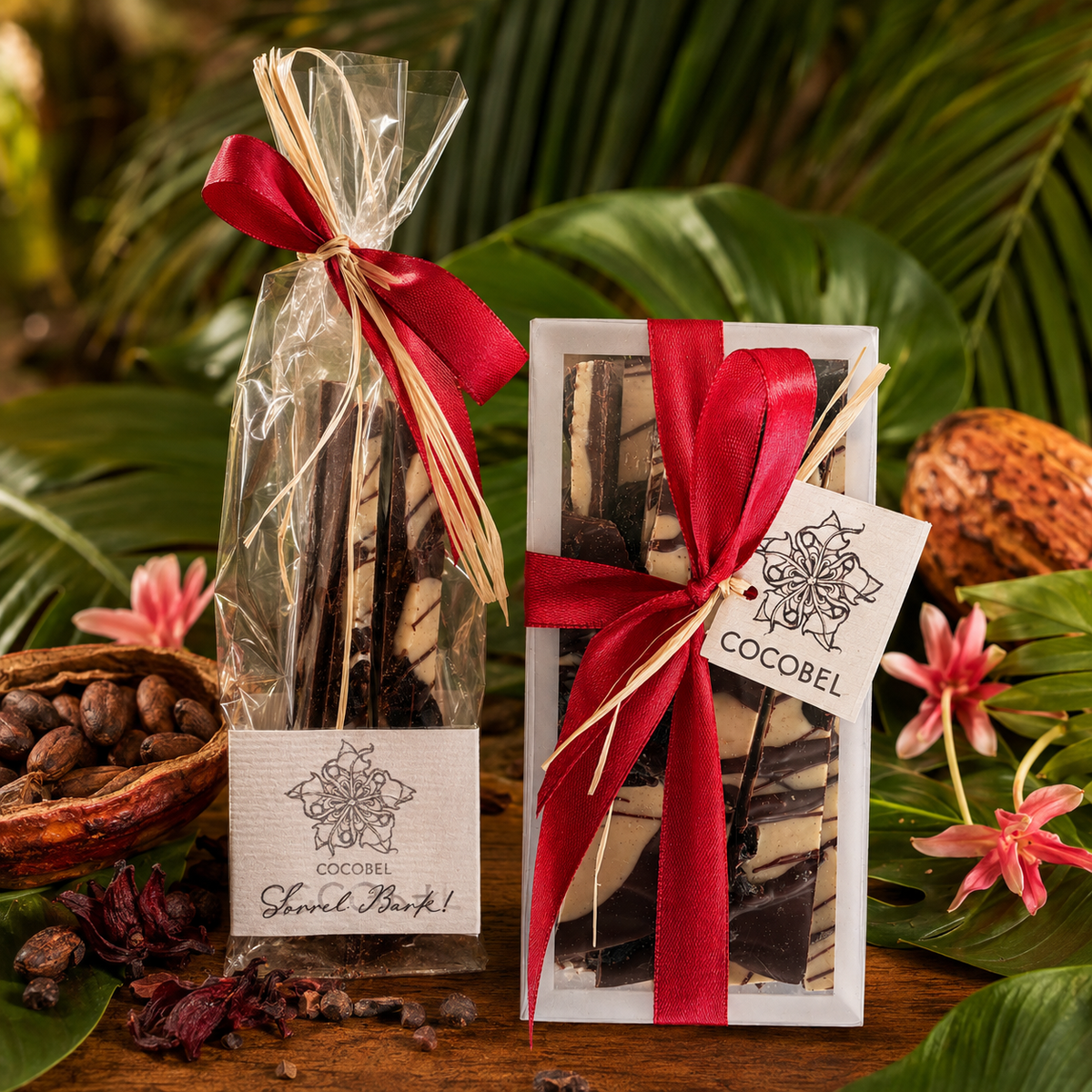 Sorrel Swirl Chocolate Bark | Spiced White & 65% Dark Chocolate with Candied Sorrel | Trinidad Artisan Chocolate