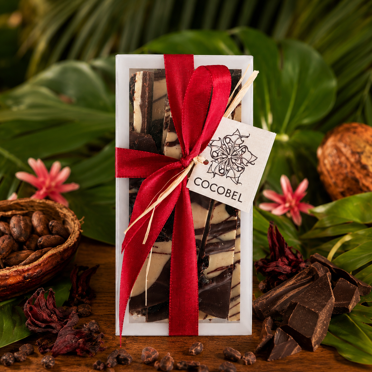Sorrel Swirl Chocolate Bark | Spiced White & 65% Dark Chocolate with Candied Sorrel | Trinidad Artisan Chocolate
