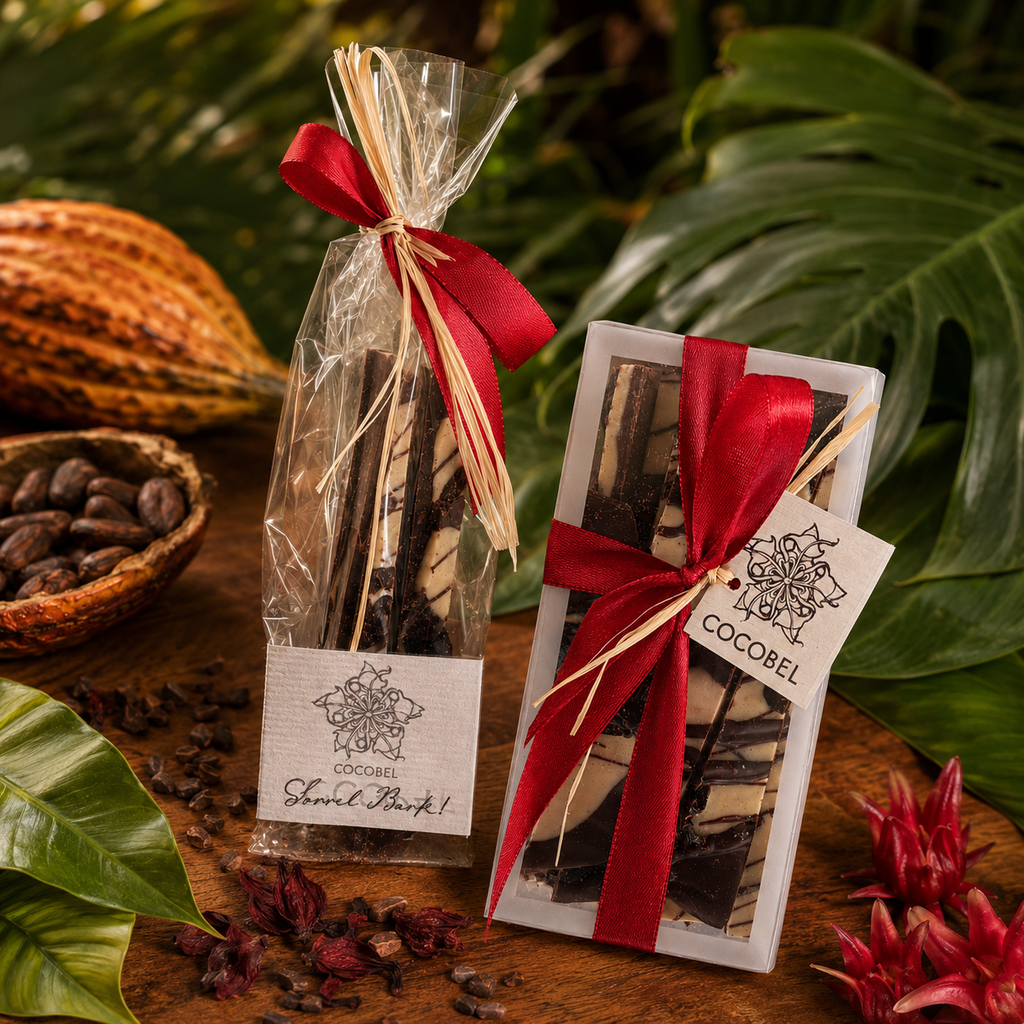 Sorrel Swirl Chocolate Bark | Spiced White & 65% Dark Chocolate with Candied Sorrel | Trinidad Artisan Chocolate