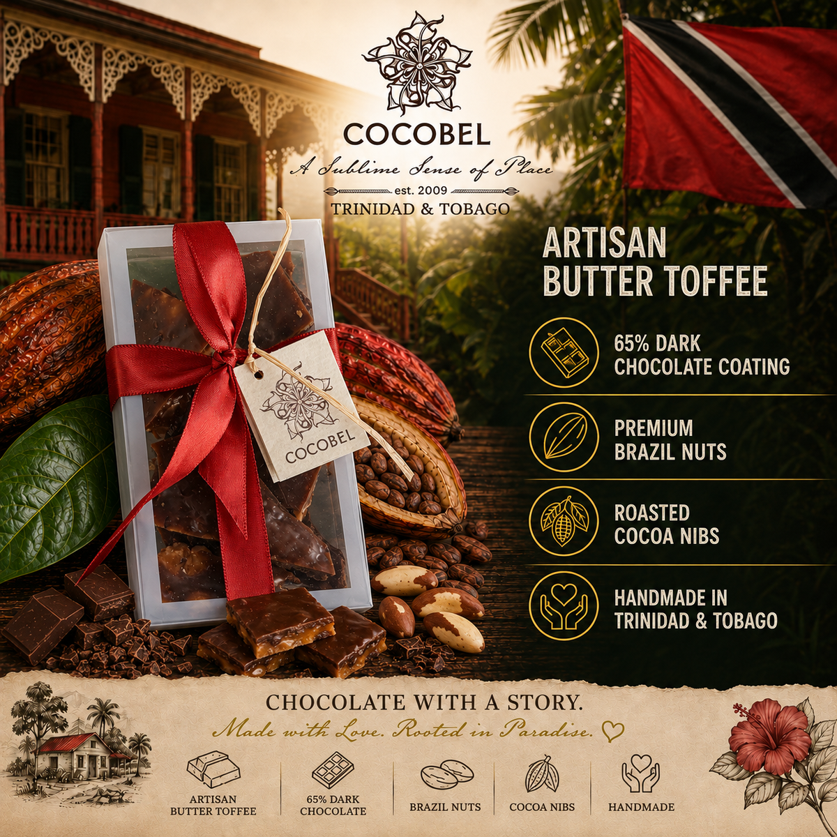 Brazil Nut Nib Toffee | Dark Chocolate Butter Toffee with Brazil Nuts & Cocoa Nibs | Artisan Trinidad Confection