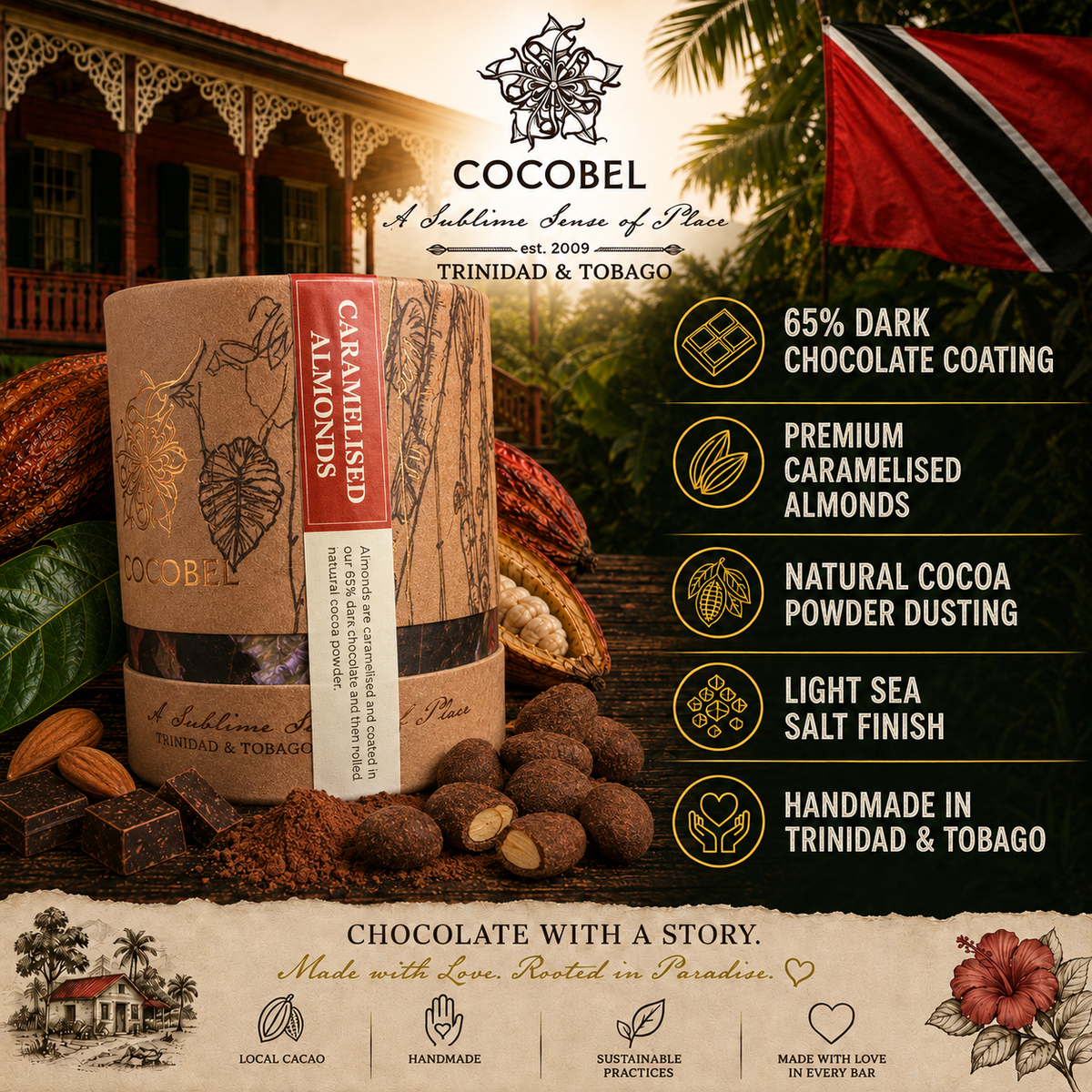 Caramelised Almond Dragées | 65% Dark Chocolate Coated Almonds | Artisan Trinidad Chocolate