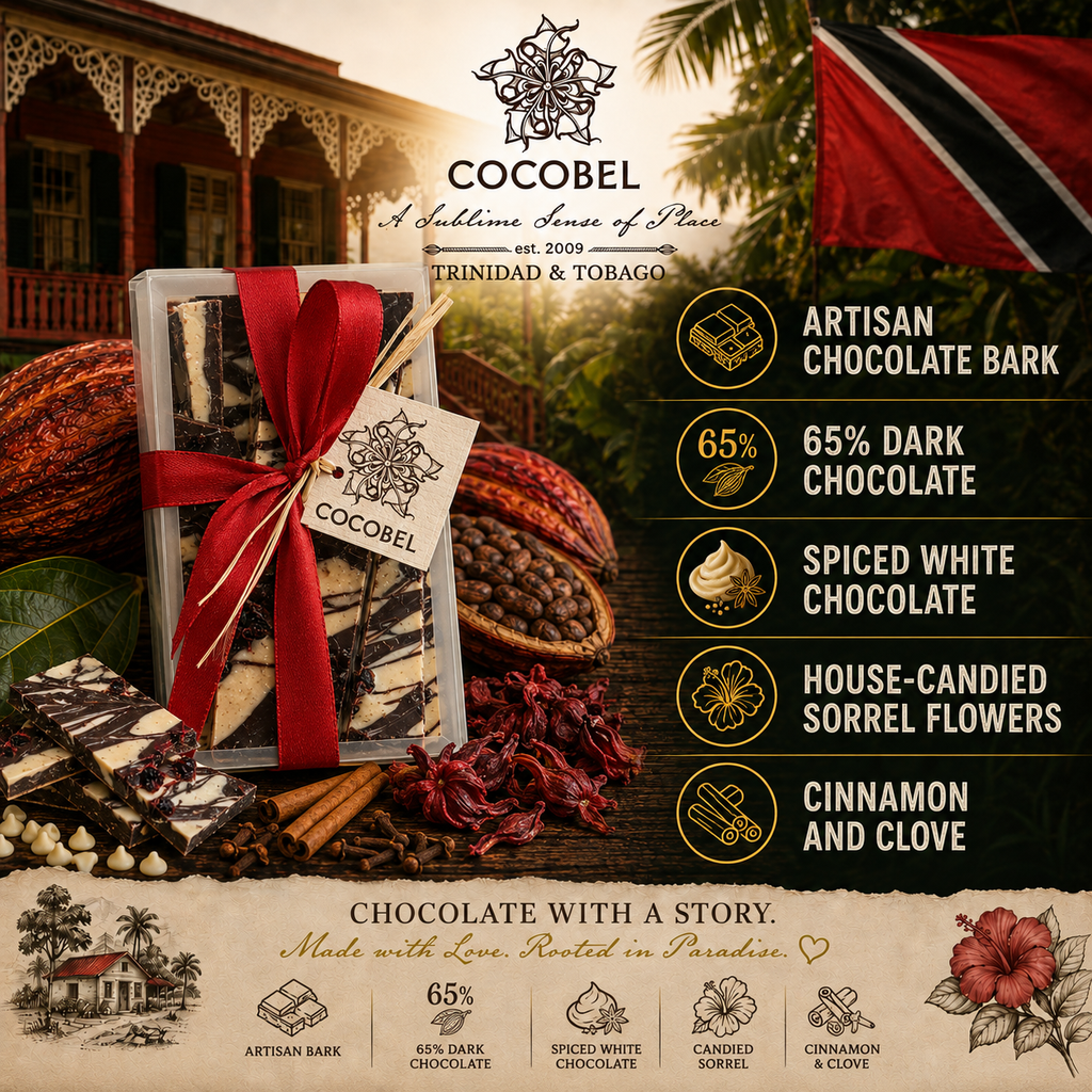 Sorrel Swirl Chocolate Bark | Spiced White & 65% Dark Chocolate with Candied Sorrel | Trinidad Artisan Chocolate