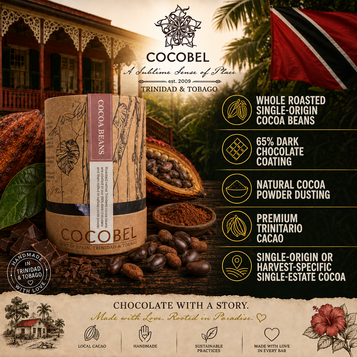 Cocoa Bean Dragées | Whole Roasted Cocoa Beans Coated in 65% Dark Chocolate | Artisan Trinidad Chocolate